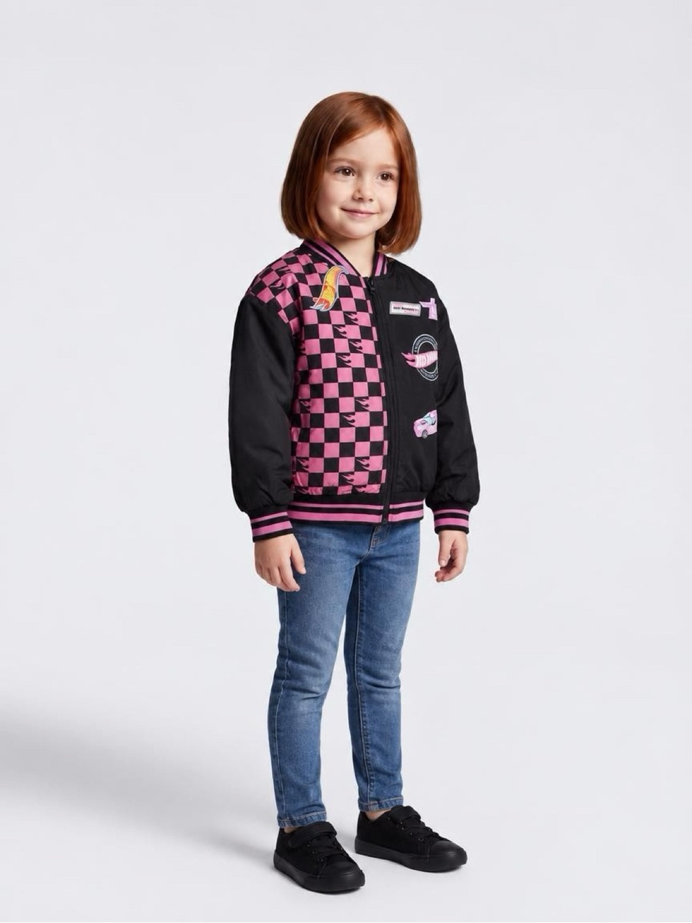 Kids Pink & Black Checkerboard Hot Wheels Bomber Jacket